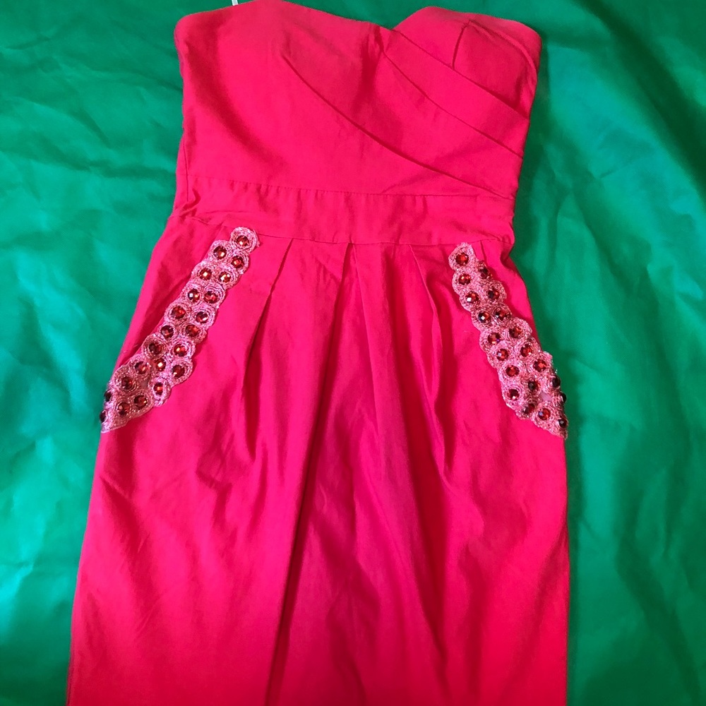 7/8 Strapless Salmon Dress with Rhinestones